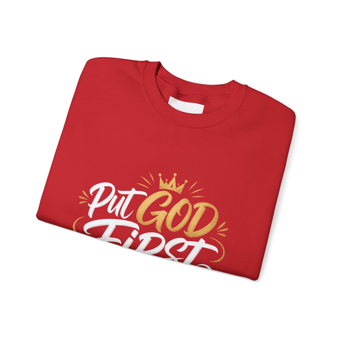 Christian Crewneck Sweatshirt – “Put God First Eyes on Jesus” Gold Script