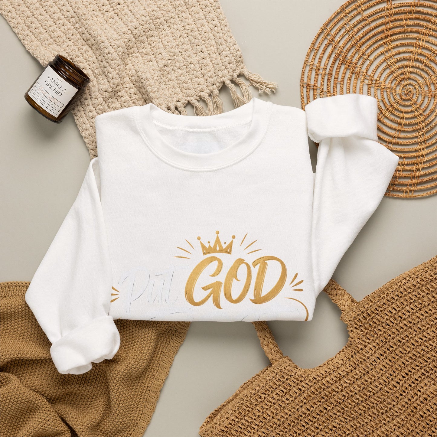 Christian Crewneck Sweatshirt – “Put God First Eyes on Jesus” Gold Script
