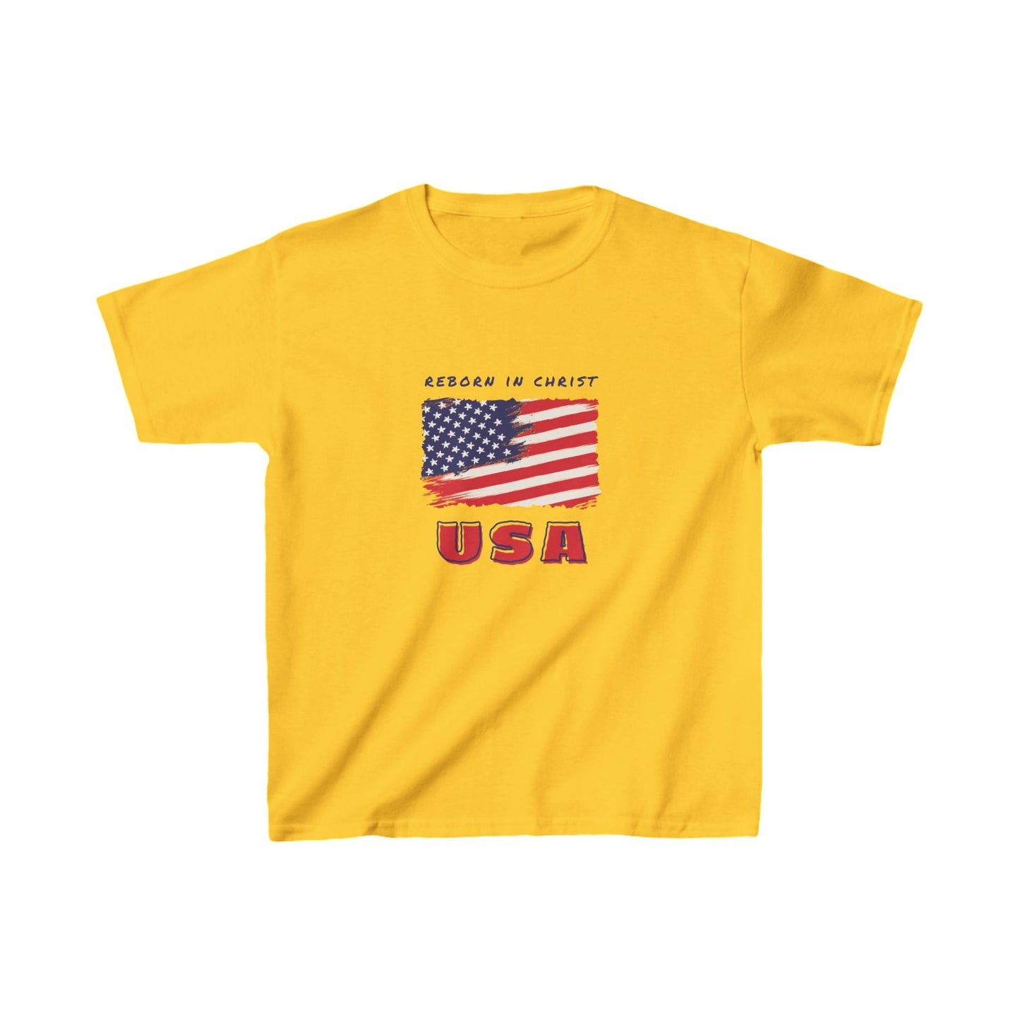 Kids USA Flag Tee - "Reborn in Christ" Yellow Cotton T-Shirt