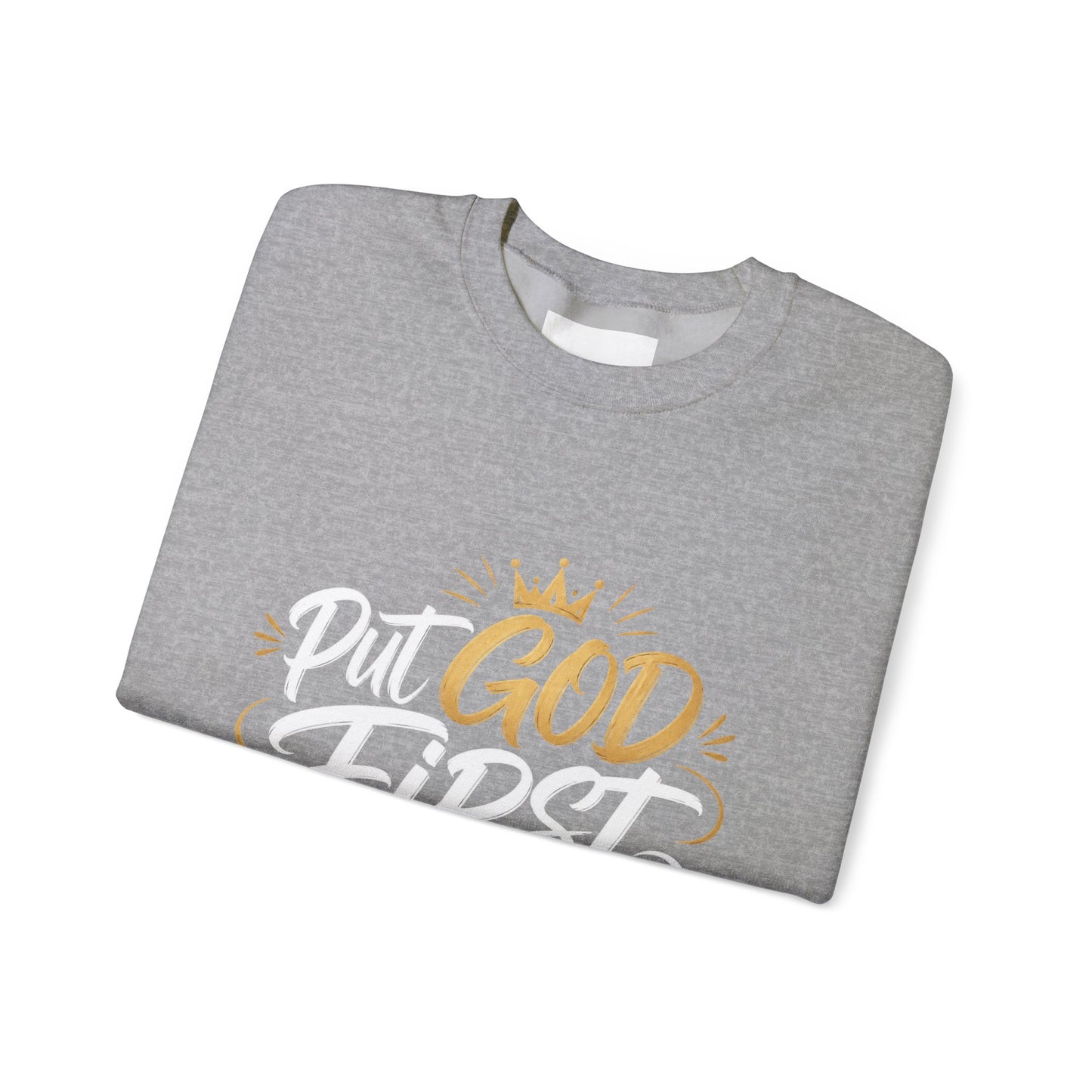 Christian Crewneck Sweatshirt – “Put God First Eyes on Jesus” Gold Script