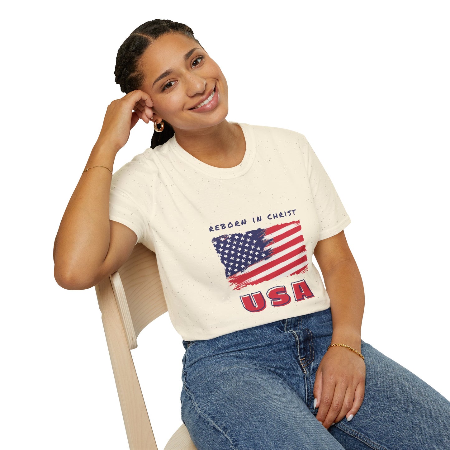 Unisex Softstyle T-Shirt - 'Reborn in Christ USA' Patriotic Graphic Tee