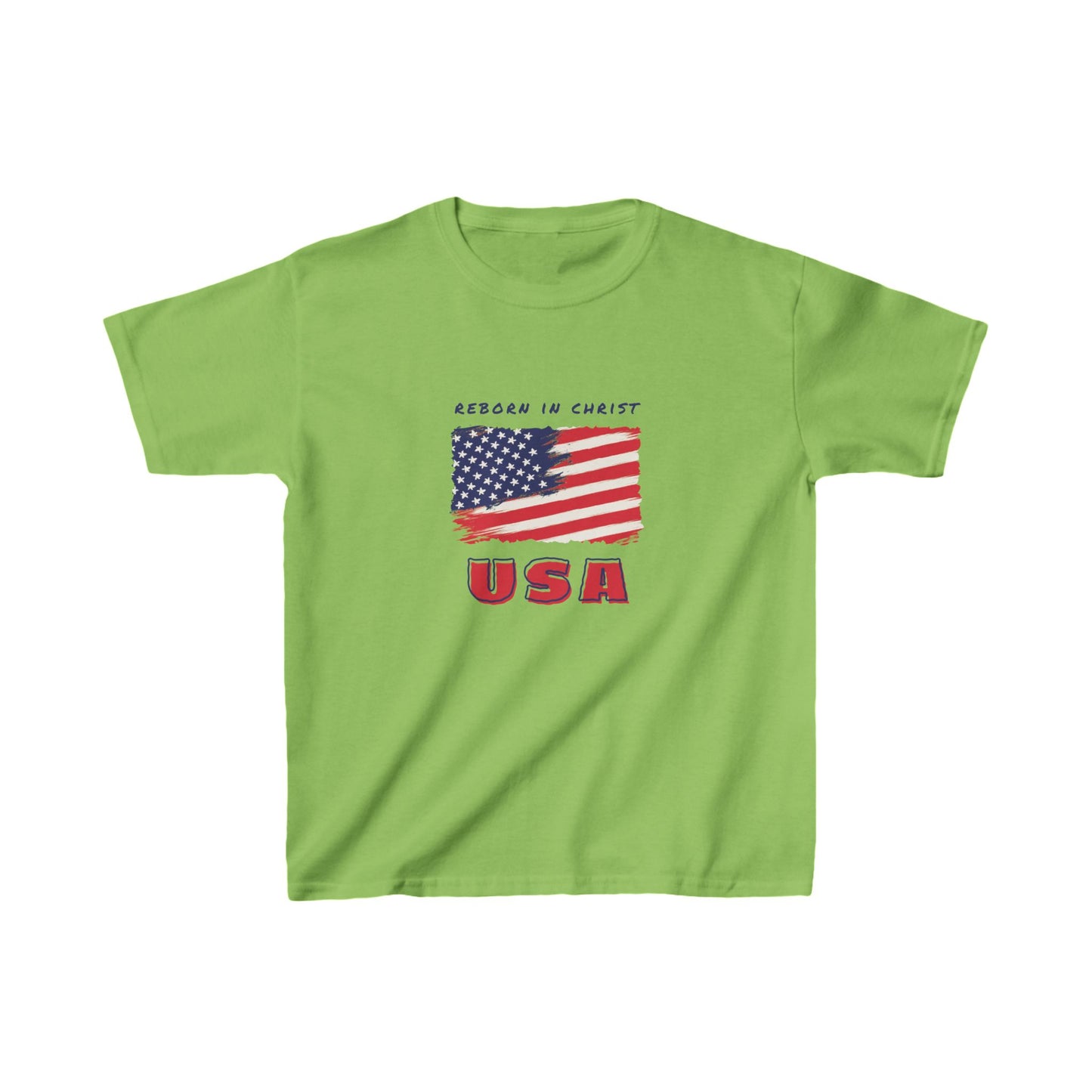 Kids USA Flag Tee - "Reborn in Christ" Yellow Cotton T-Shirt