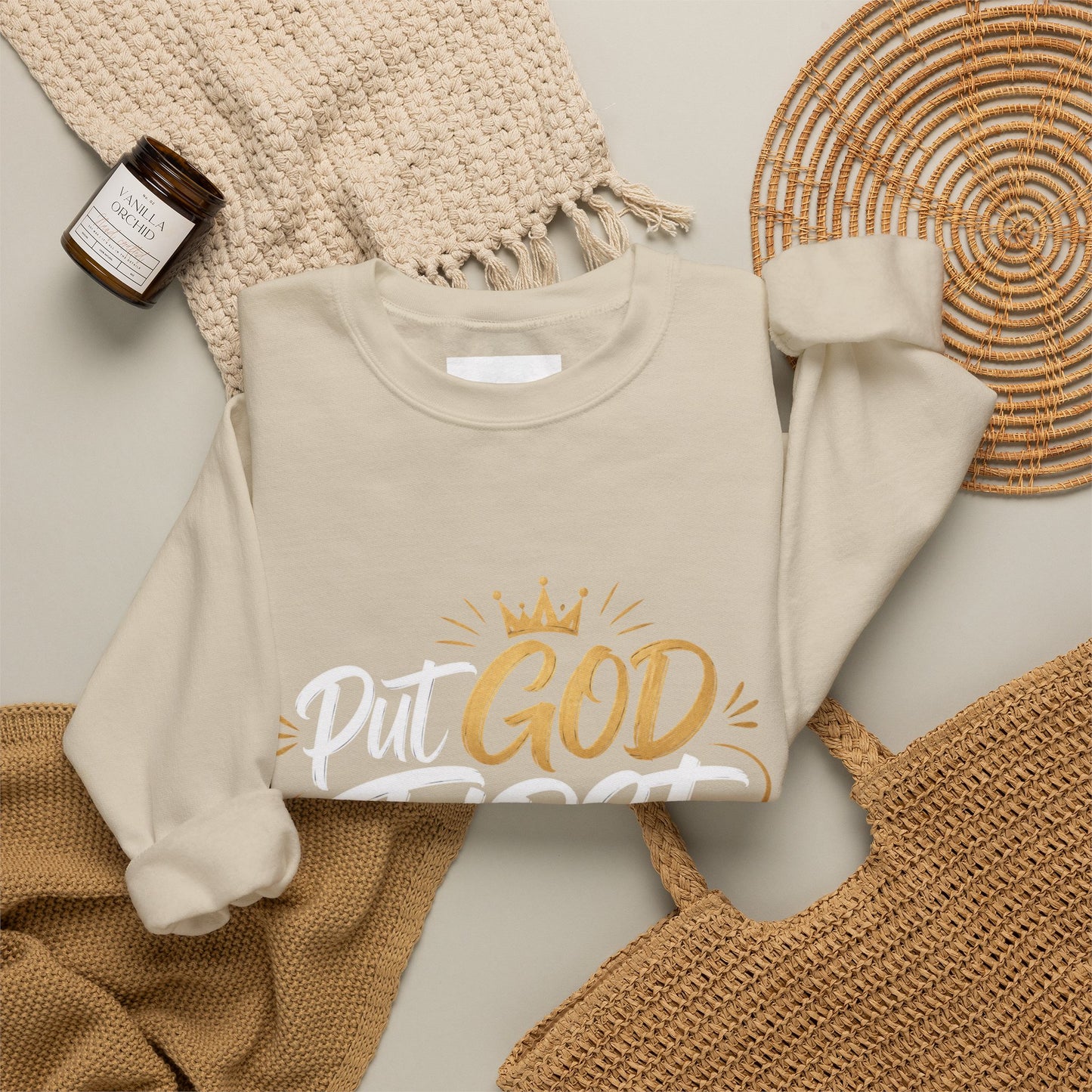 Christian Crewneck Sweatshirt – “Put God First Eyes on Jesus” Gold Script