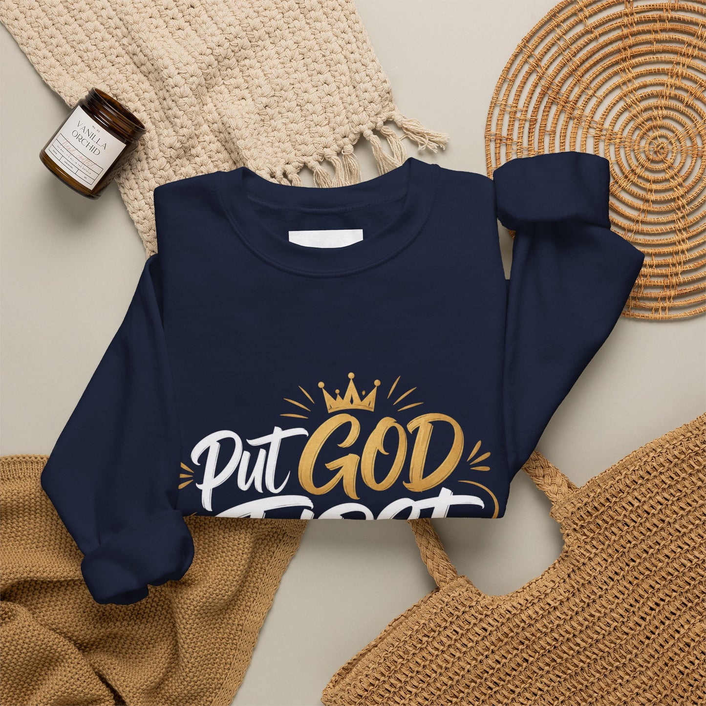 Christian Crewneck Sweatshirt – “Put God First Eyes on Jesus” Gold Script