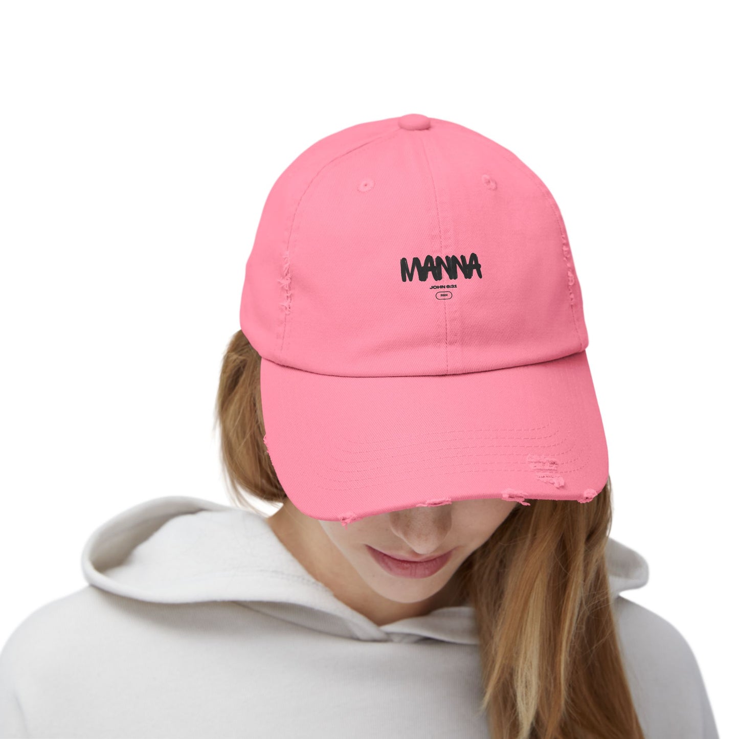 Trendy Unisex Distressed Cap - Manna Graphic Pink Hat for Everyday Style