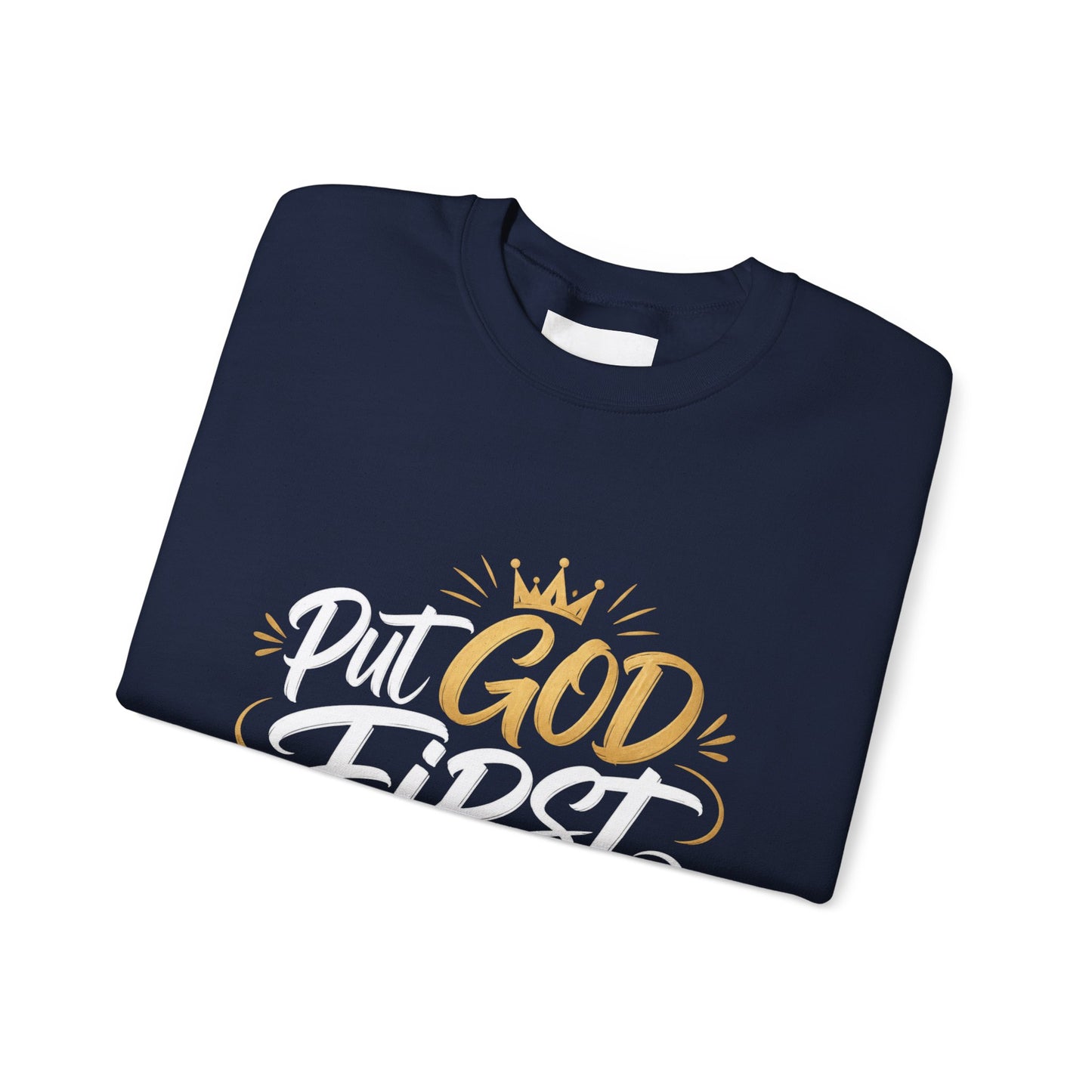 Christian Crewneck Sweatshirt – “Put God First Eyes on Jesus” Gold Script