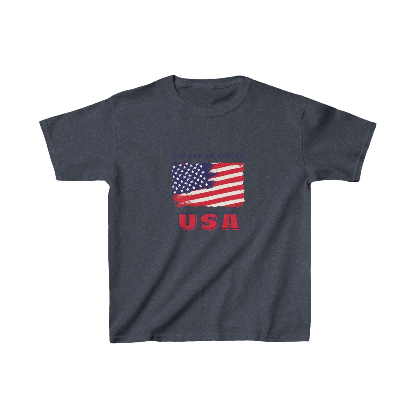 Kids USA Flag Tee - "Reborn in Christ" Yellow Cotton T-Shirt