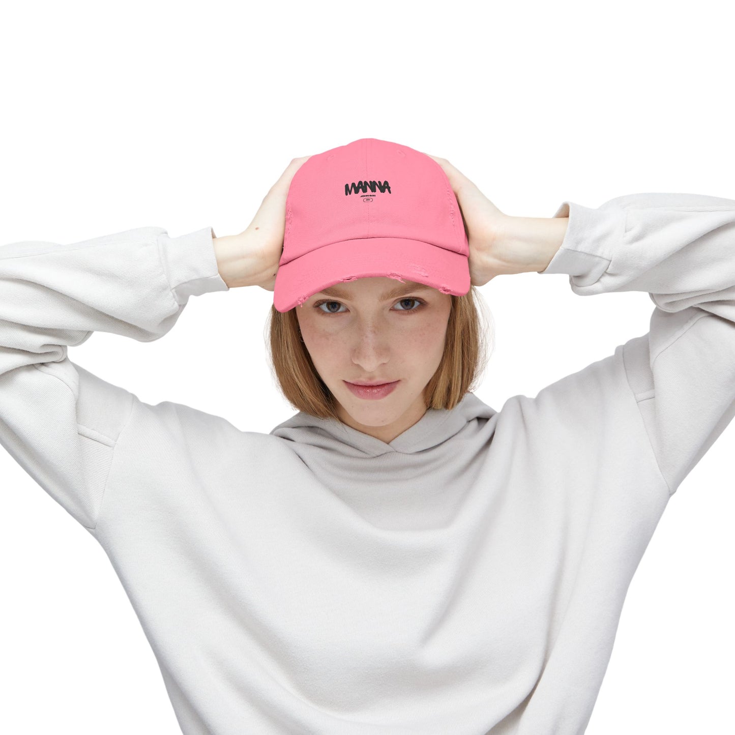 Trendy Unisex Distressed Cap - Manna Graphic Pink Hat for Everyday Style