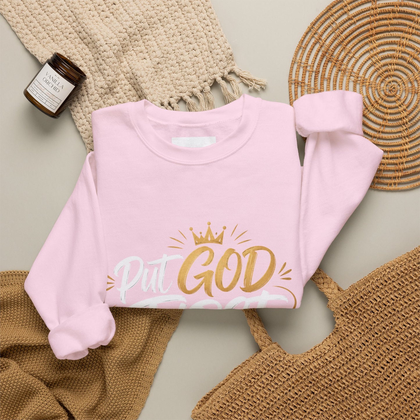 Christian Crewneck Sweatshirt – “Put God First Eyes on Jesus” Gold Script