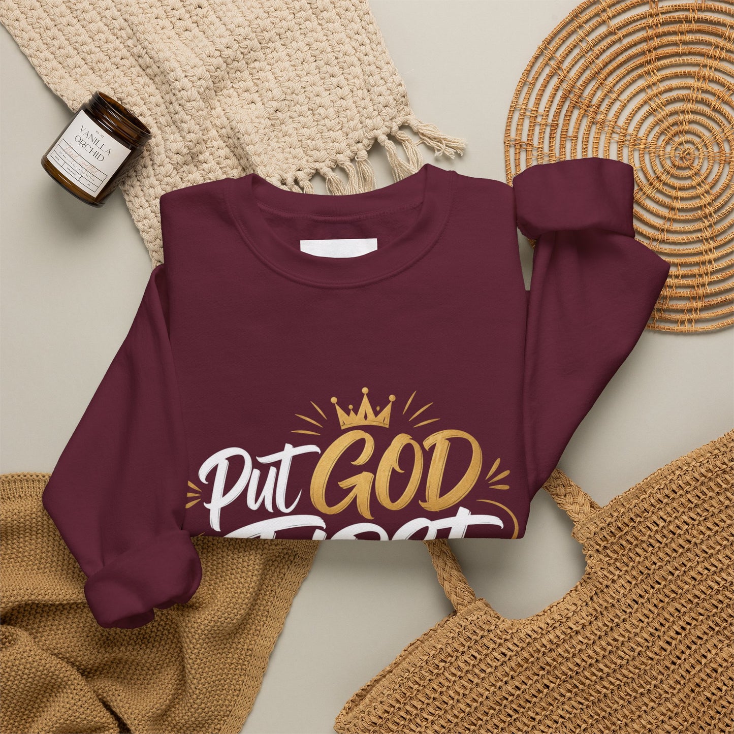 Christian Crewneck Sweatshirt – “Put God First Eyes on Jesus” Gold Script