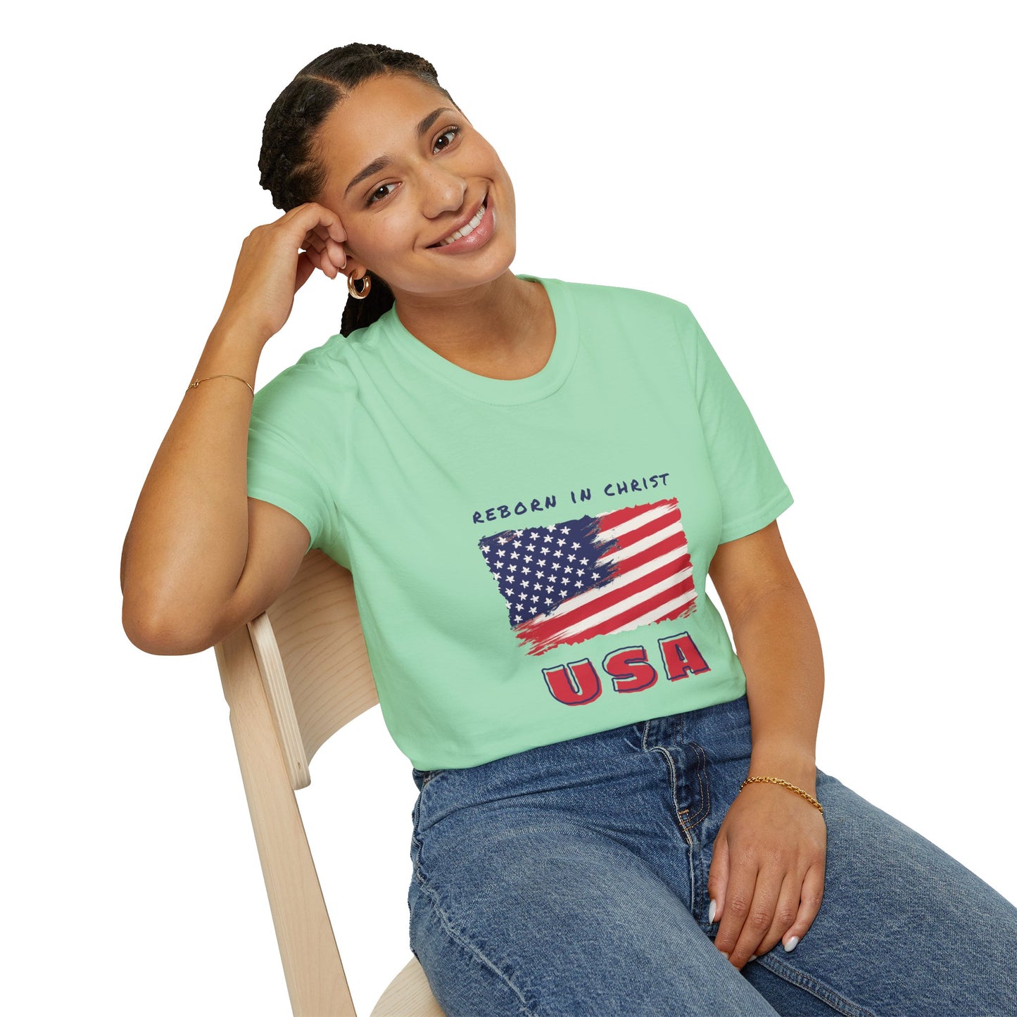 Unisex Softstyle T-Shirt - 'Reborn in Christ USA' Patriotic Graphic Tee