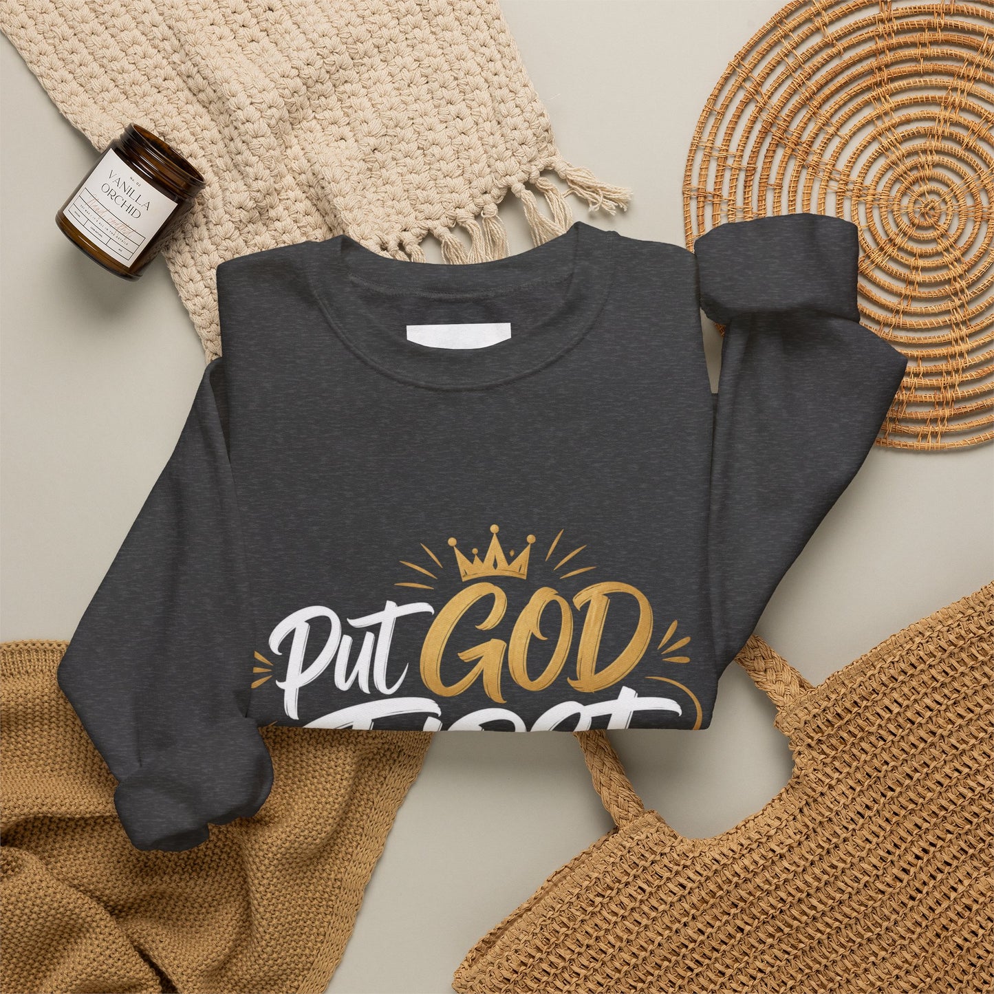Christian Crewneck Sweatshirt – “Put God First Eyes on Jesus” Gold Script
