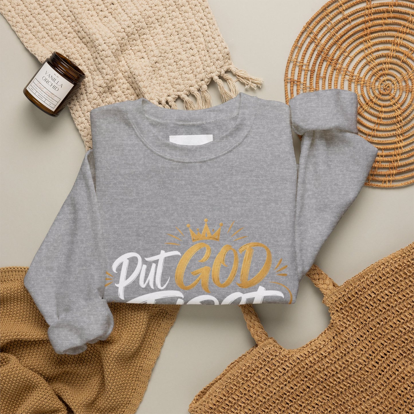 Christian Crewneck Sweatshirt – “Put God First Eyes on Jesus” Gold Script