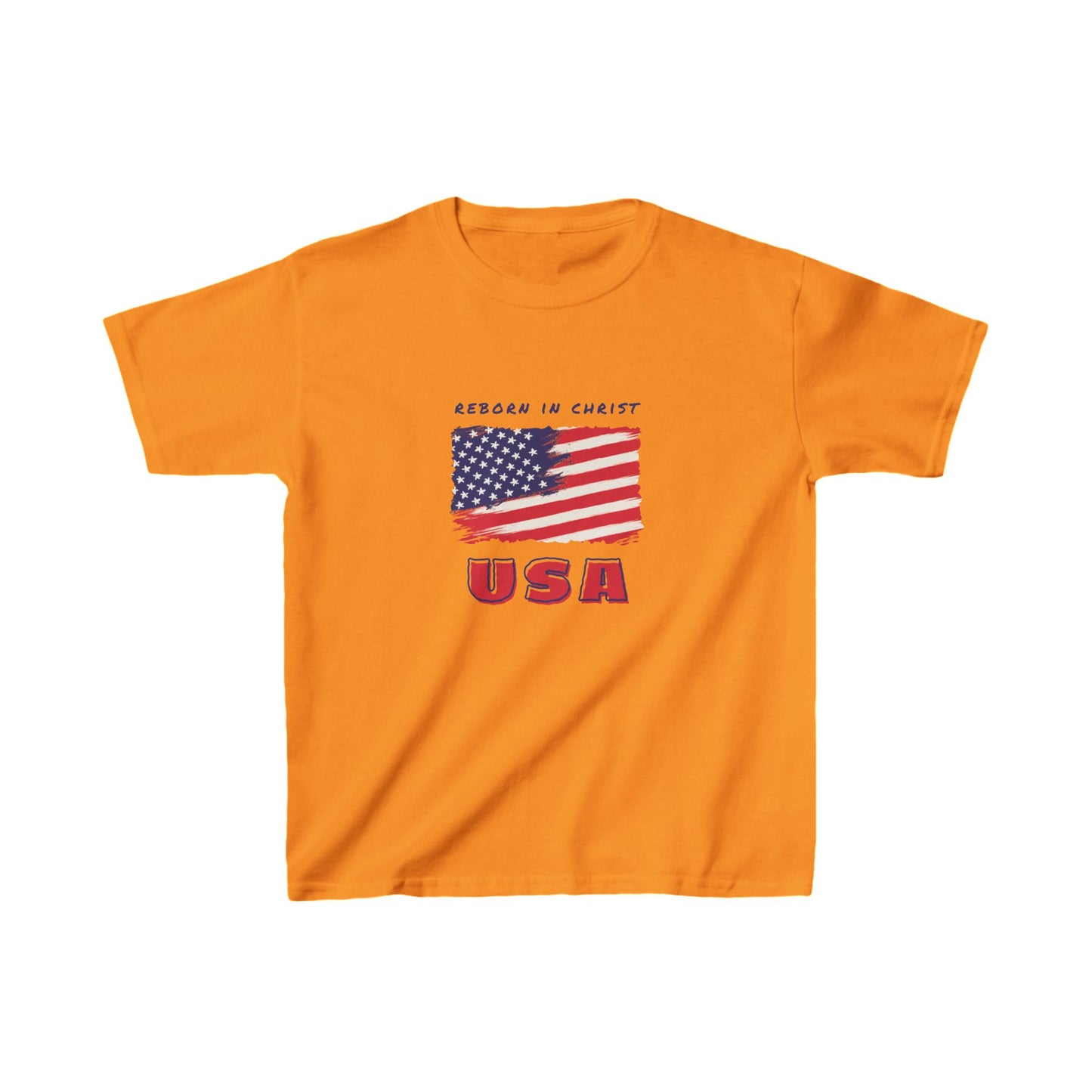 Kids USA Flag Tee - "Reborn in Christ" Yellow Cotton T-Shirt