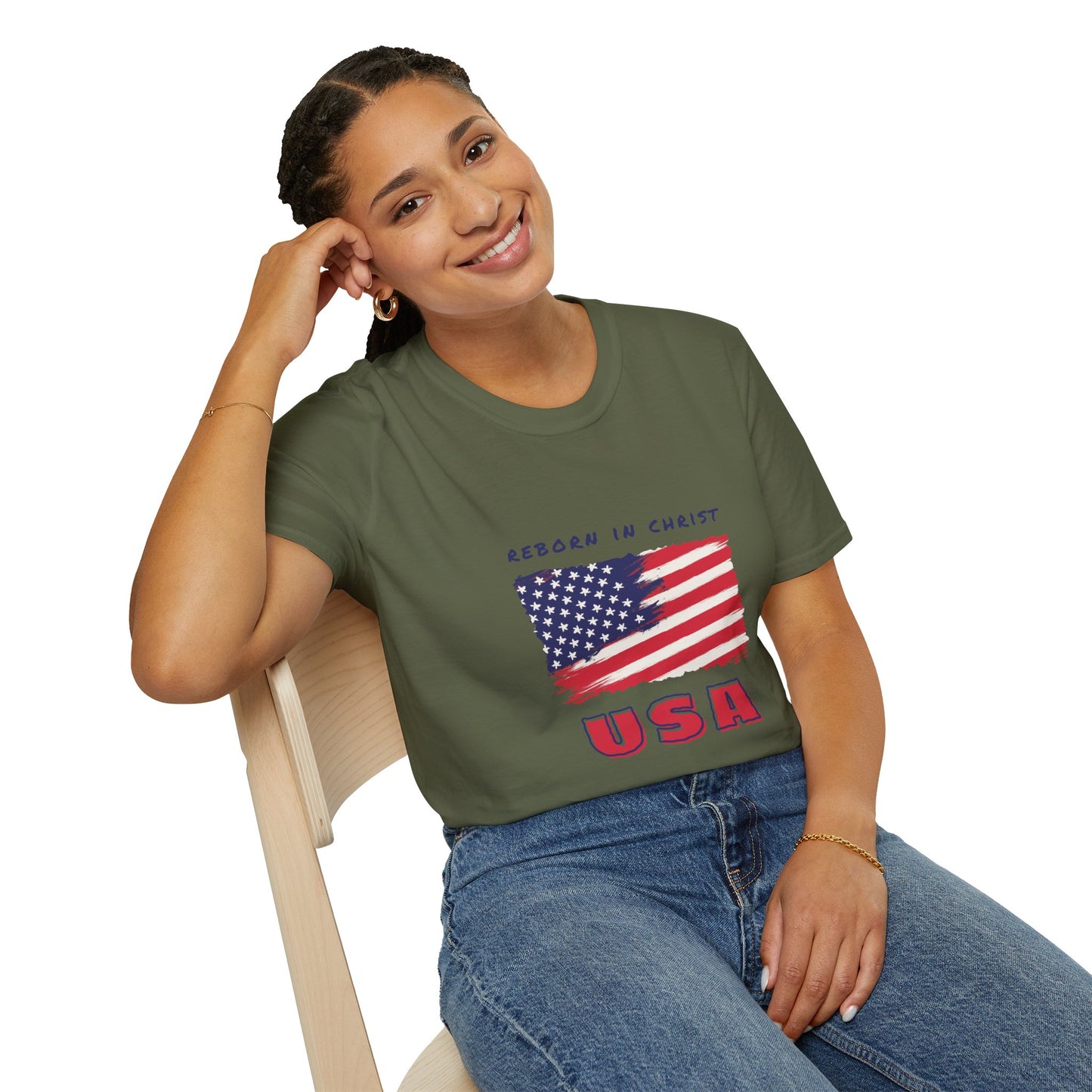 Unisex Softstyle T-Shirt - 'Reborn in Christ USA' Patriotic Graphic Tee