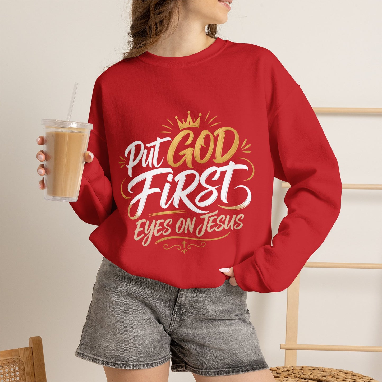 Christian Crewneck Sweatshirt – “Put God First Eyes on Jesus” Gold Script