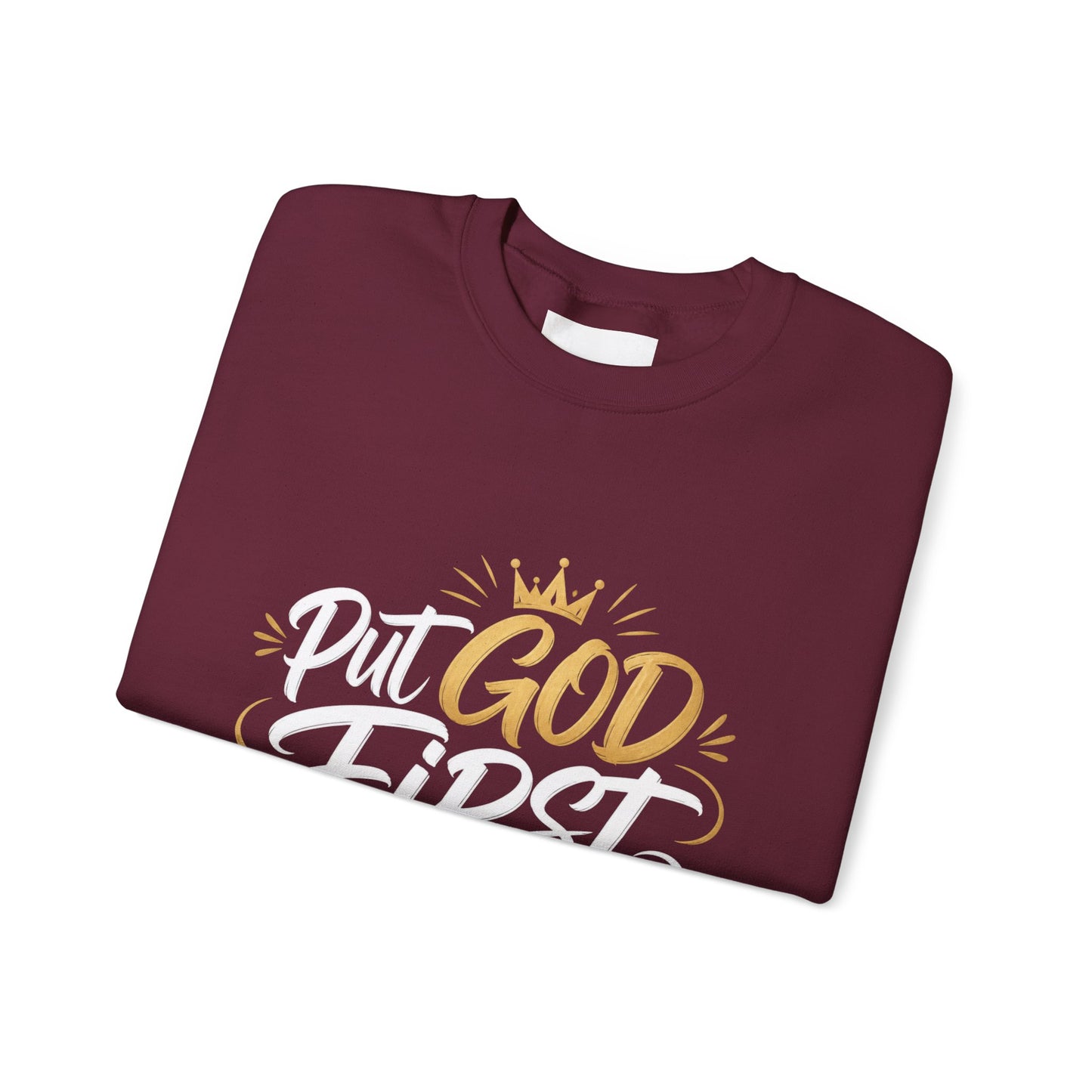 Christian Crewneck Sweatshirt – “Put God First Eyes on Jesus” Gold Script