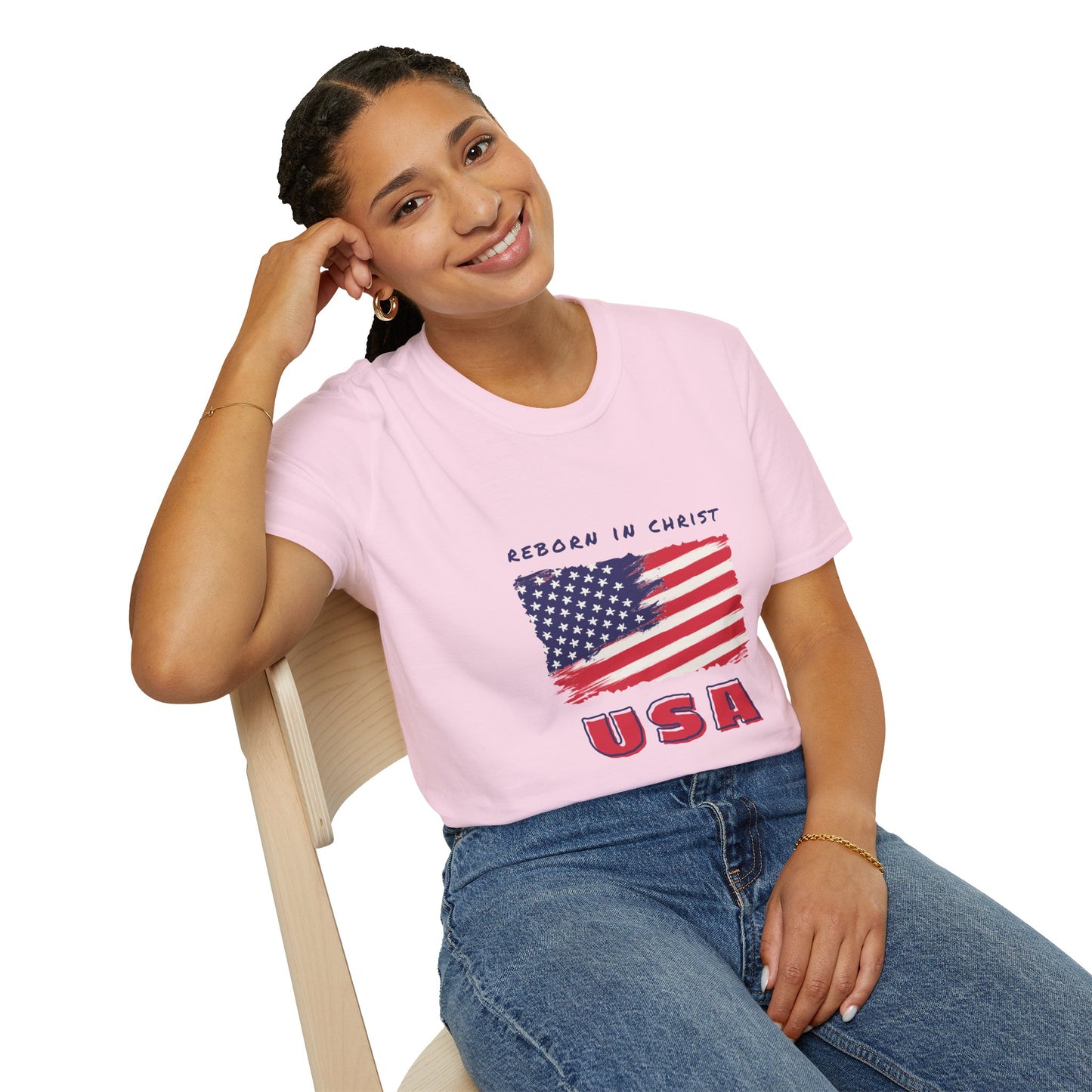 Unisex Softstyle T-Shirt - 'Reborn in Christ USA' Patriotic Graphic Tee