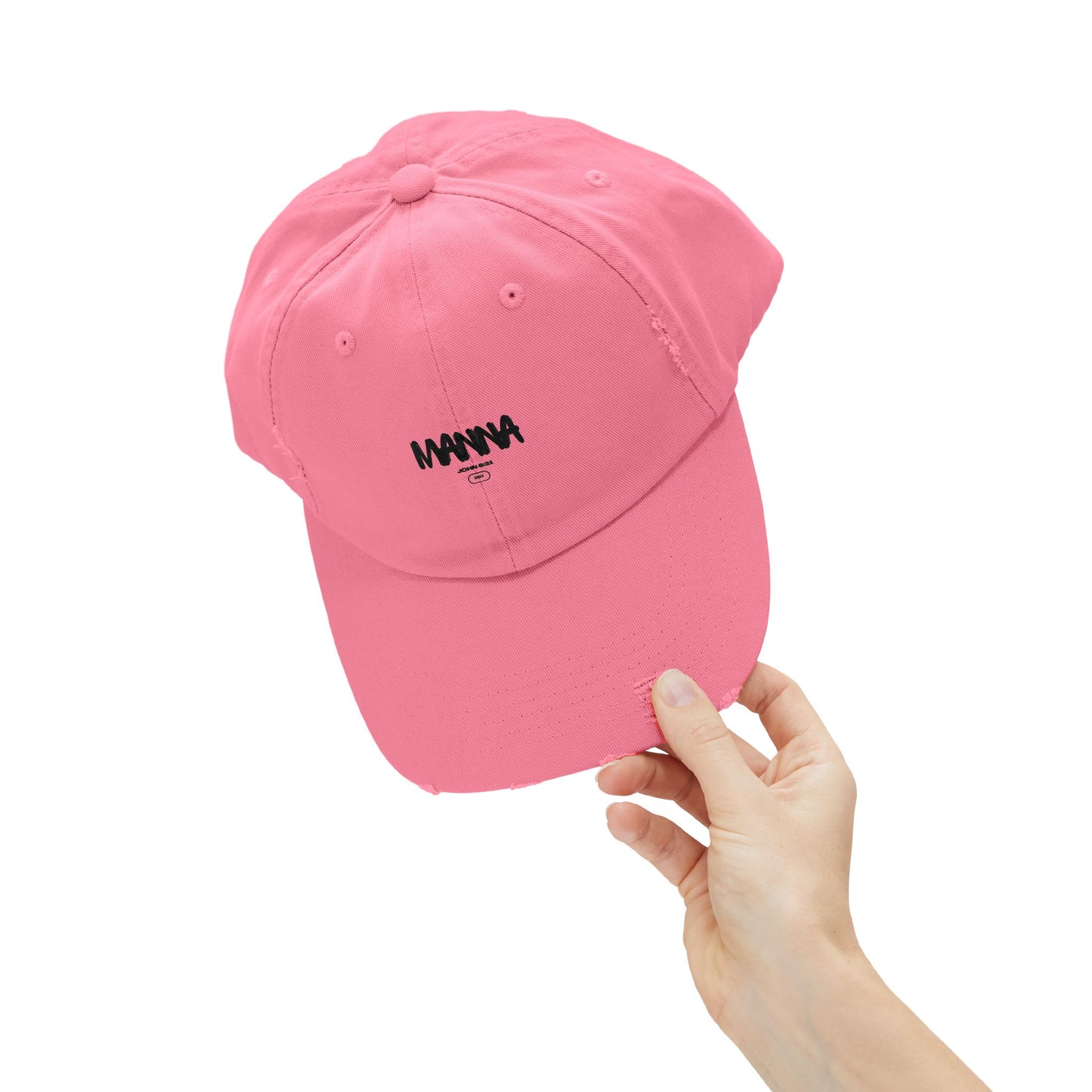 Trendy Unisex Distressed Cap - Manna Graphic Pink Hat for Everyday Style