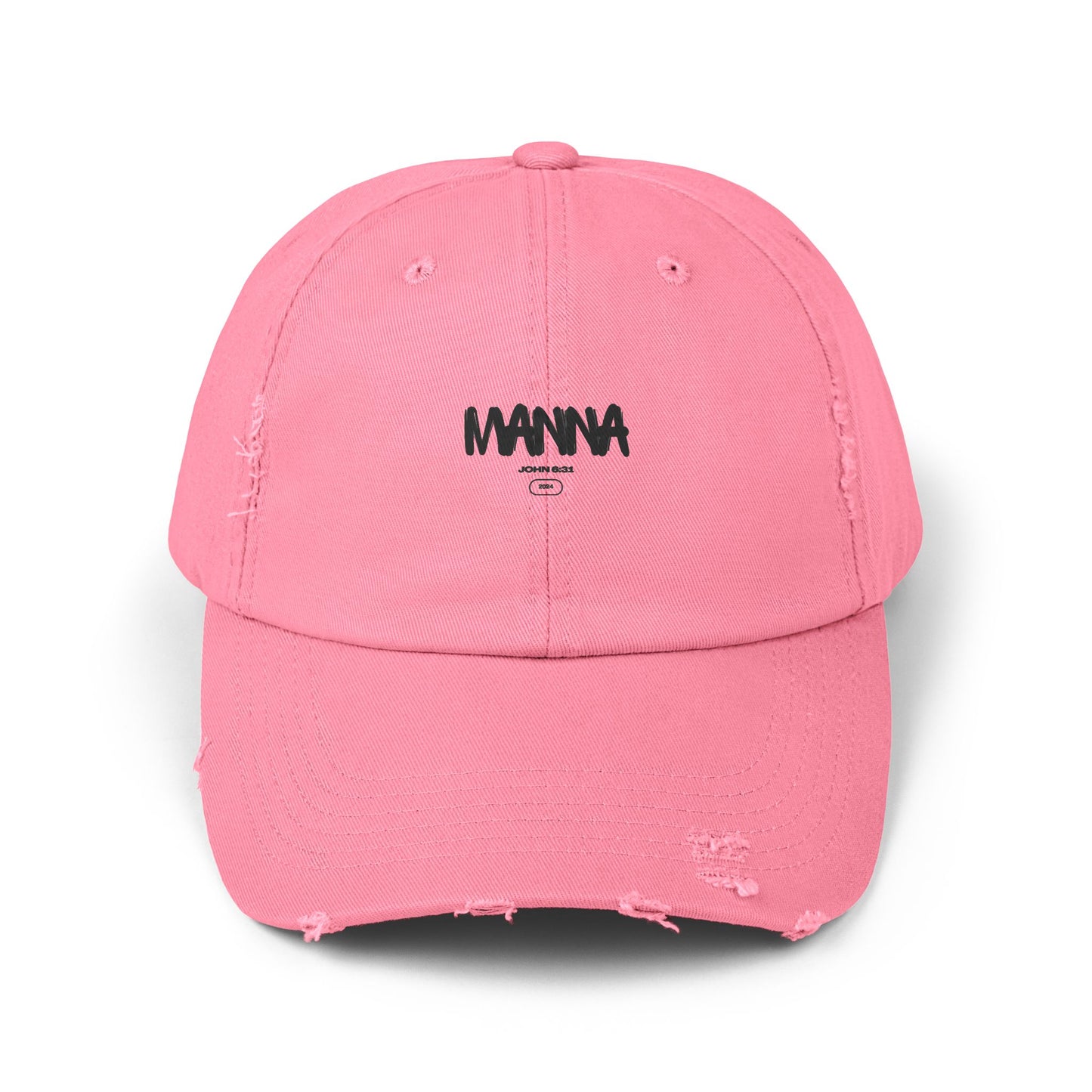 Trendy Unisex Distressed Cap - Manna Graphic Pink Hat for Everyday Style