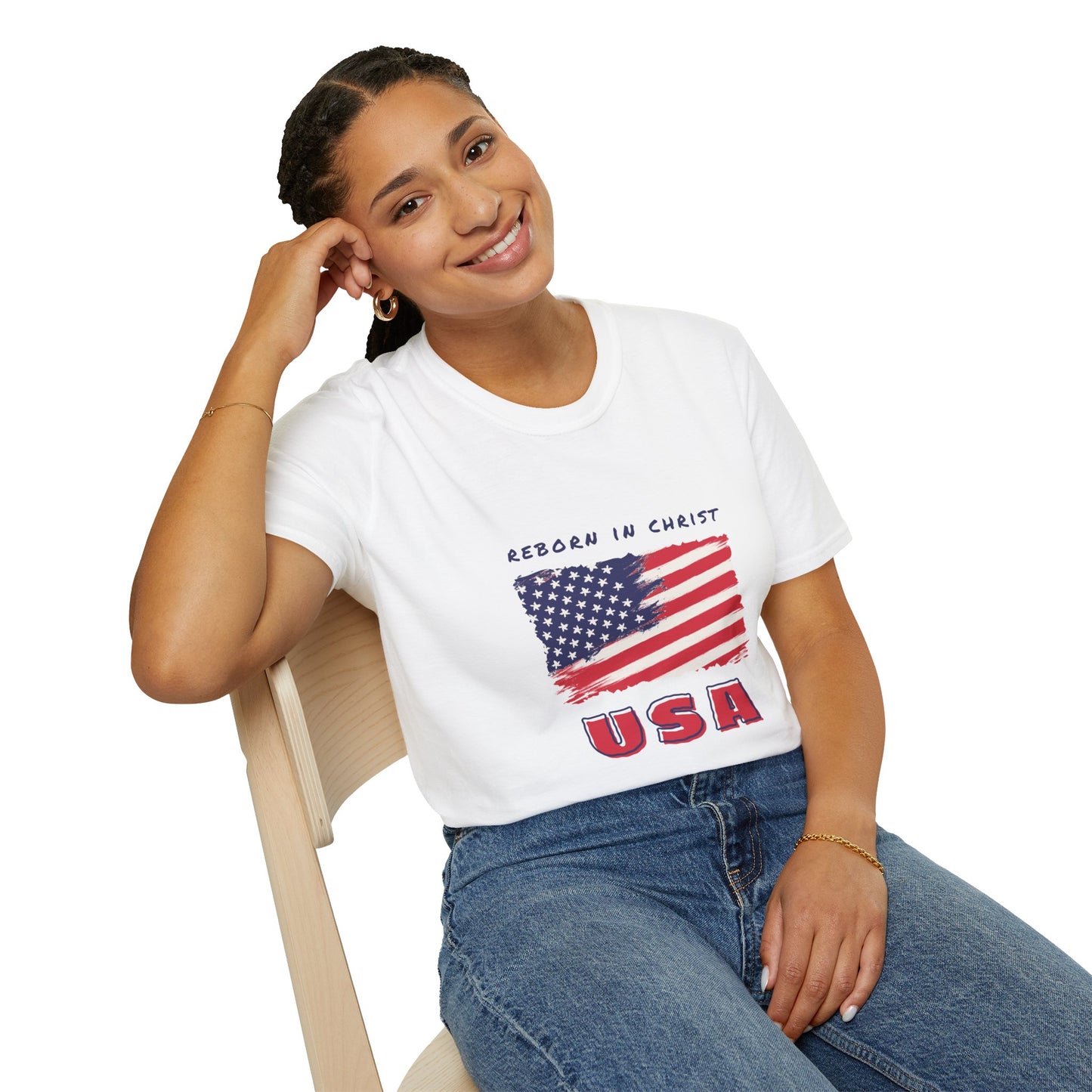 Unisex Softstyle T-Shirt - 'Reborn in Christ USA' Patriotic Graphic Tee