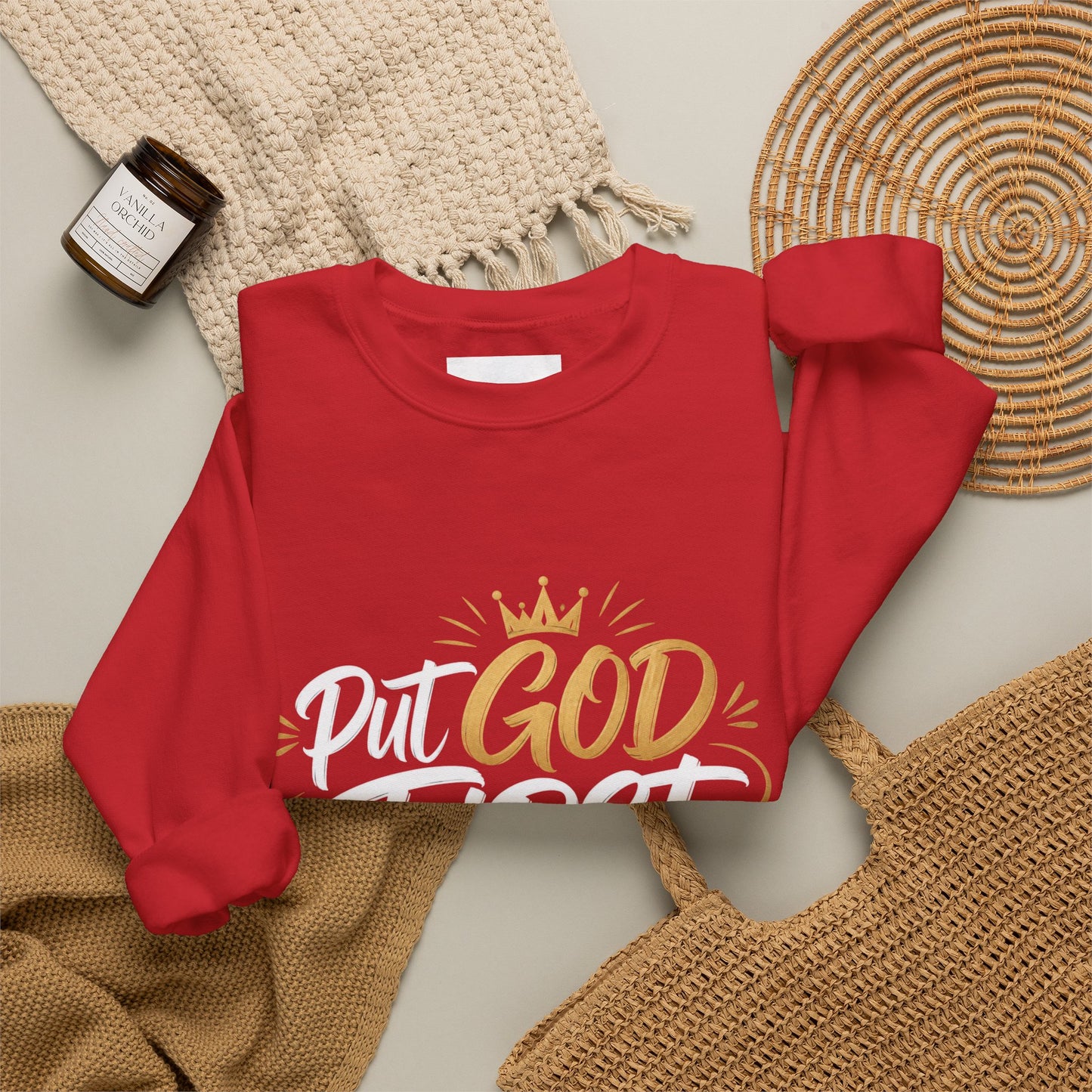 Christian Crewneck Sweatshirt – “Put God First Eyes on Jesus” Gold Script