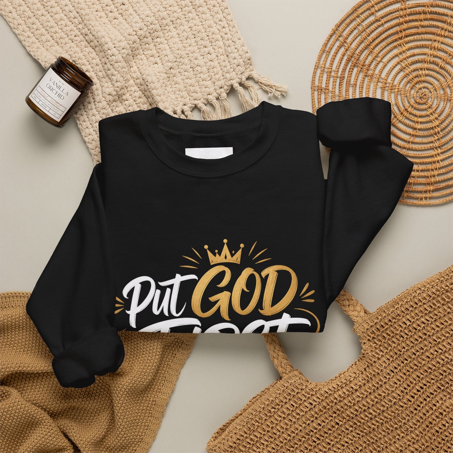 Christian Crewneck Sweatshirt – “Put God First Eyes on Jesus” Gold Script