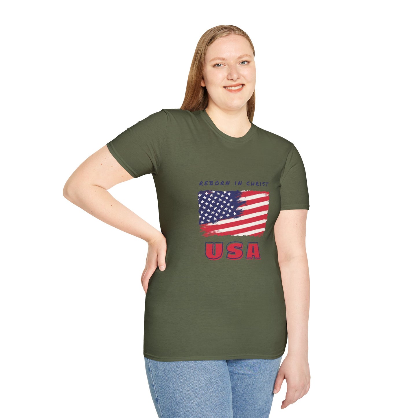 Unisex Softstyle T-Shirt - 'Reborn in Christ USA' Patriotic Graphic Tee