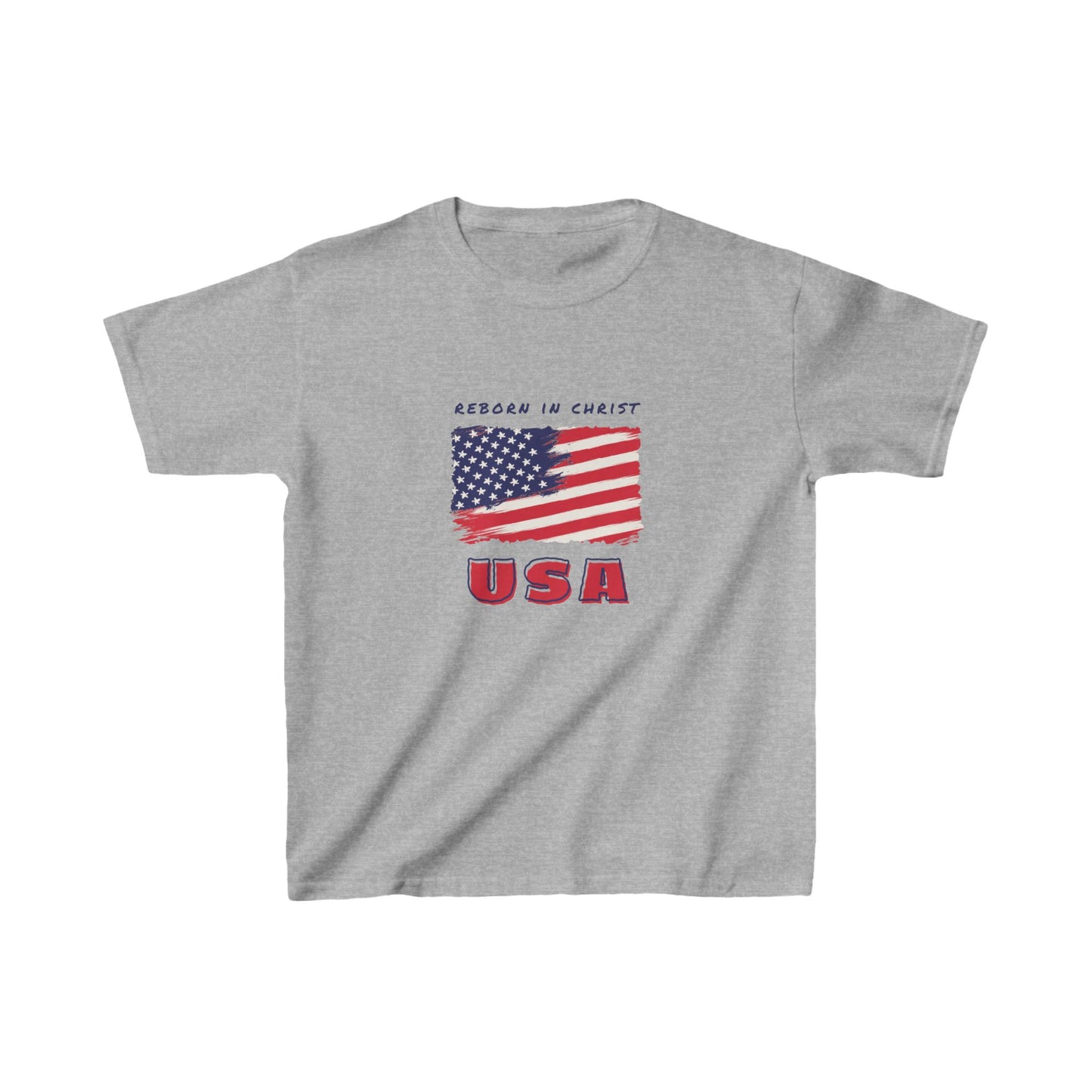 Kids USA Flag Tee - "Reborn in Christ" Yellow Cotton T-Shirt