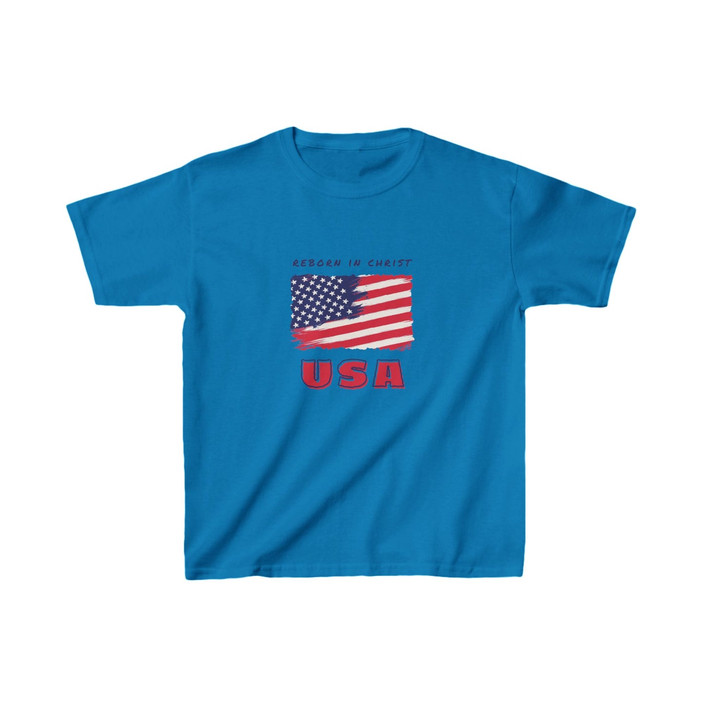 Kids USA Flag Tee - "Reborn in Christ" Yellow Cotton T-Shirt