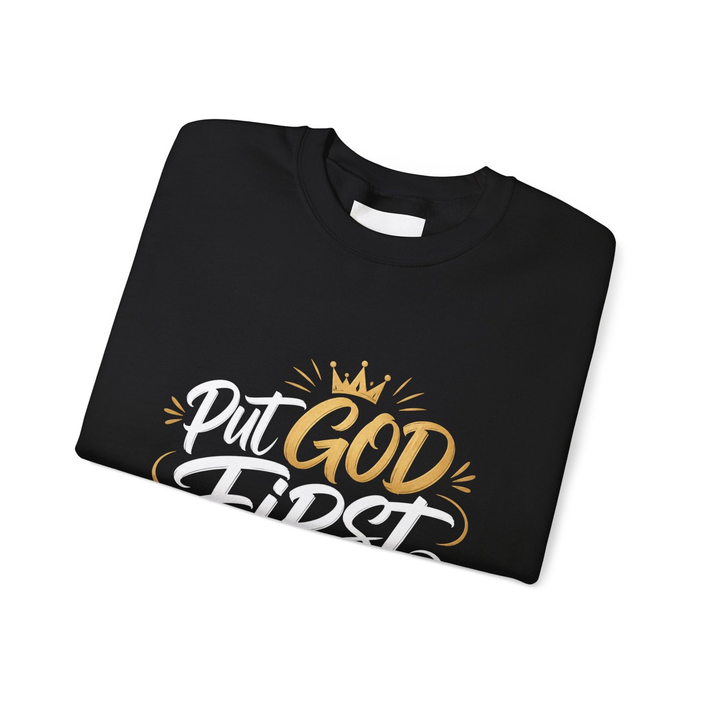 Christian Crewneck Sweatshirt – “Put God First Eyes on Jesus” Gold Script