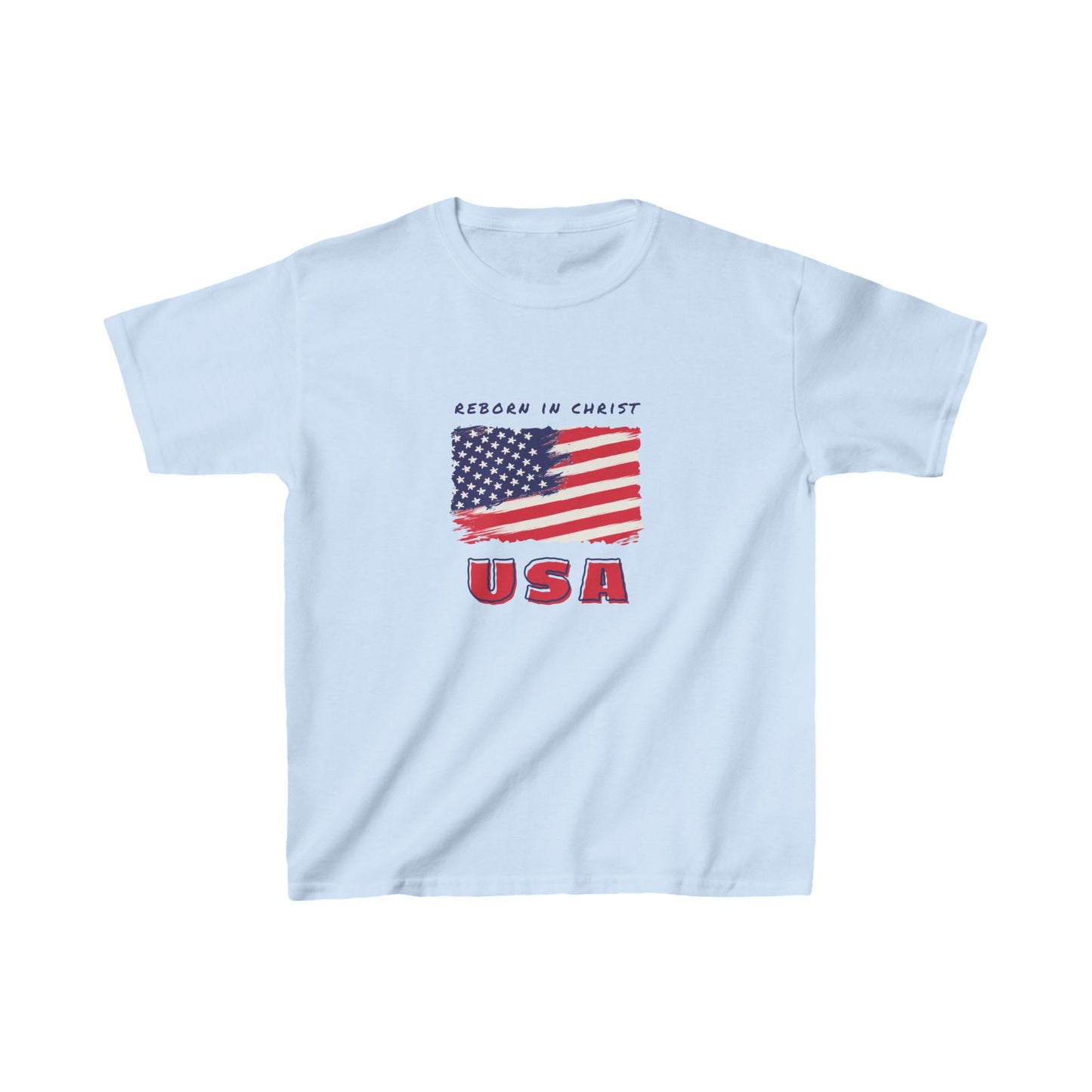 Kids USA Flag Tee - "Reborn in Christ" Yellow Cotton T-Shirt