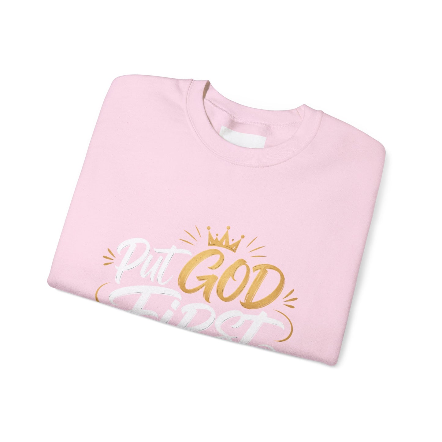 Christian Crewneck Sweatshirt – “Put God First Eyes on Jesus” Gold Script