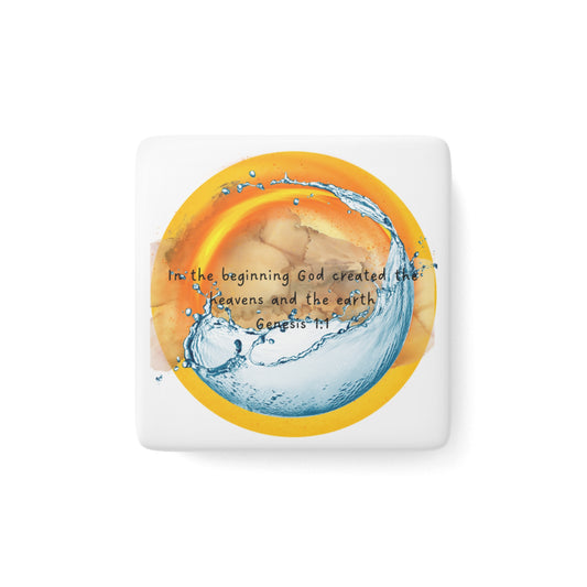 Inspirational Porcelain Magnet - 'In the Beginning God Created' - Decorative Square Magnet for Home or Office