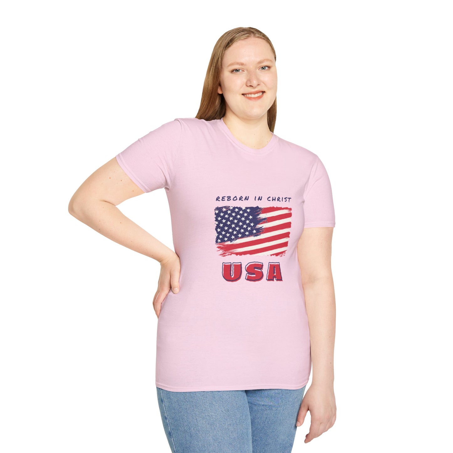 Unisex Softstyle T-Shirt - 'Reborn in Christ USA' Patriotic Graphic Tee