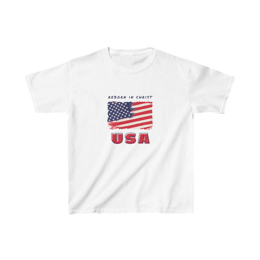 Kids USA Flag Tee - "Reborn in Christ" Yellow Cotton T-Shirt