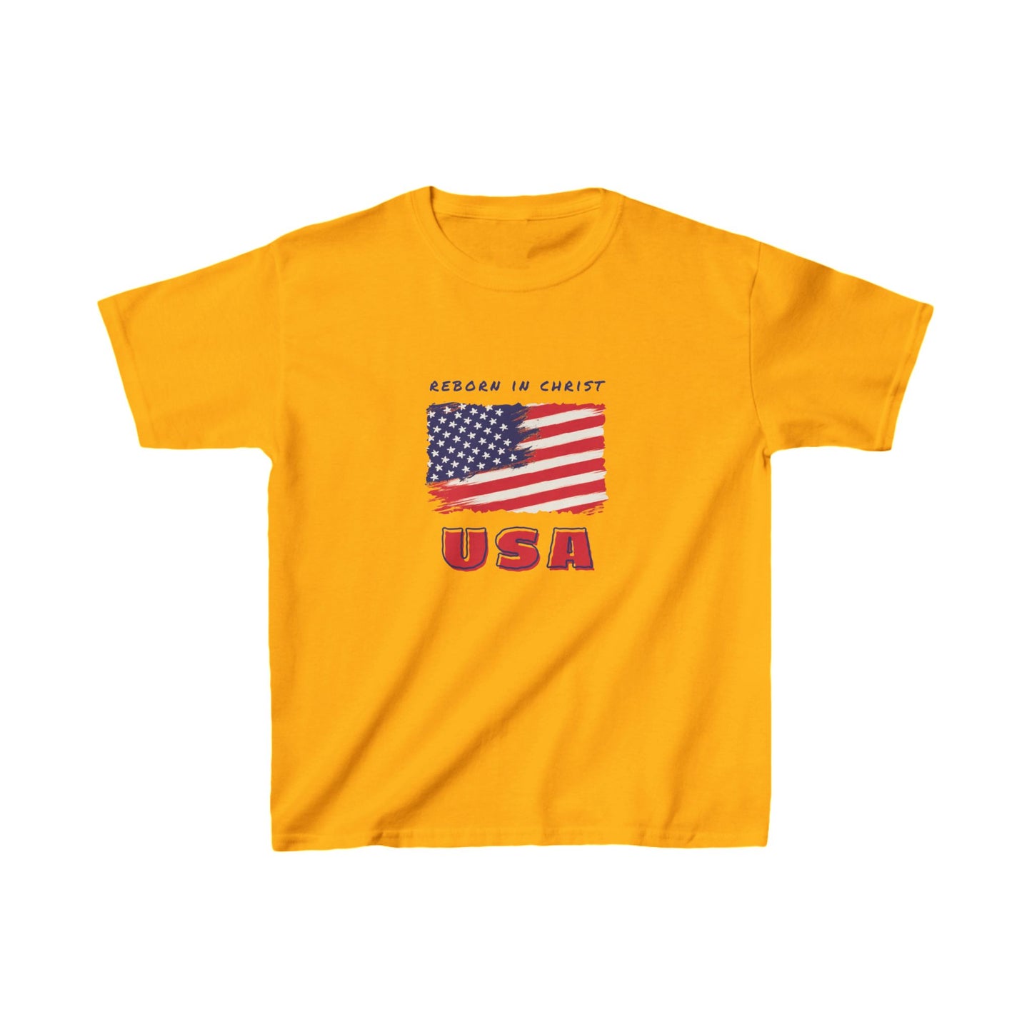 Kids USA Flag Tee - "Reborn in Christ" Yellow Cotton T-Shirt