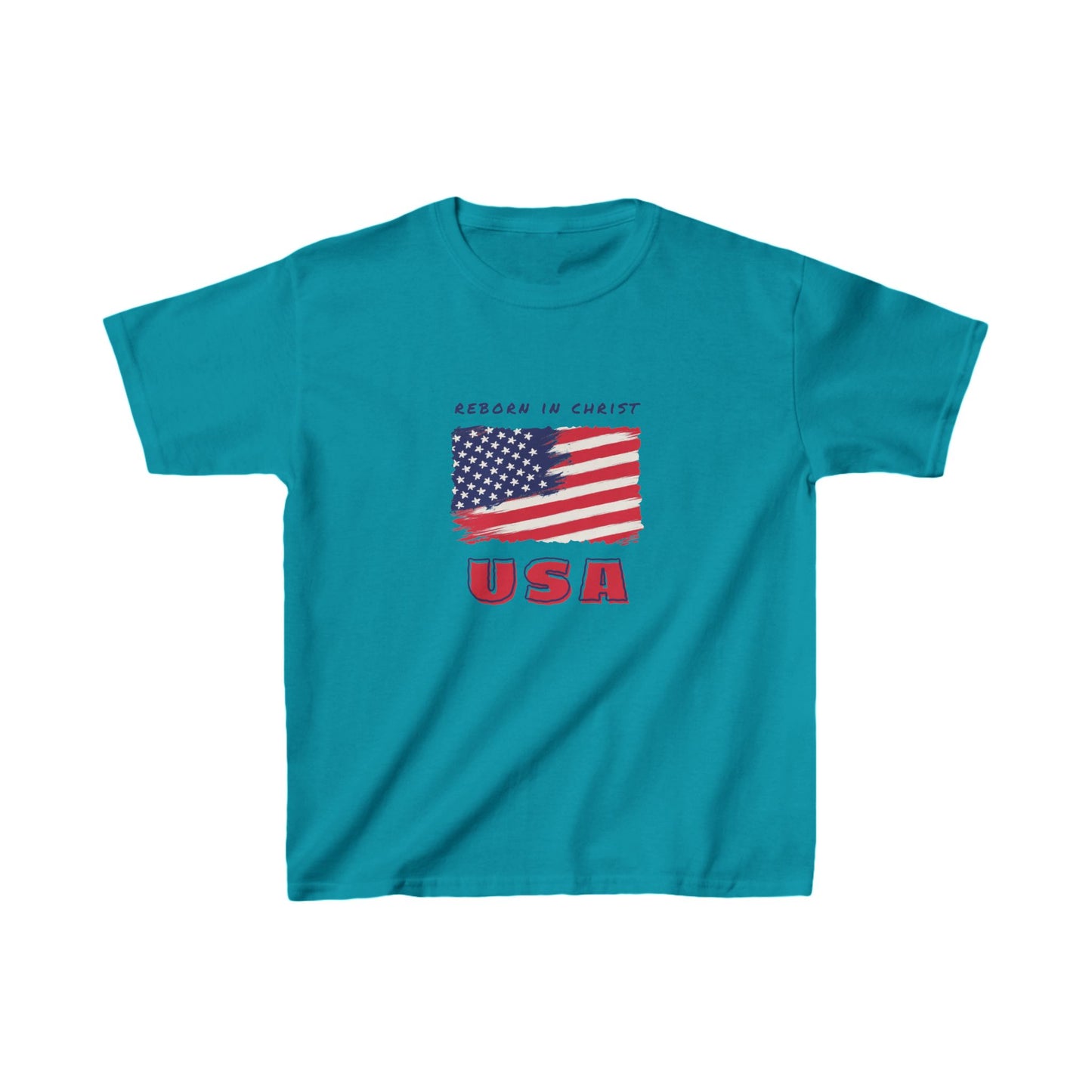 Kids USA Flag Tee - "Reborn in Christ" Yellow Cotton T-Shirt