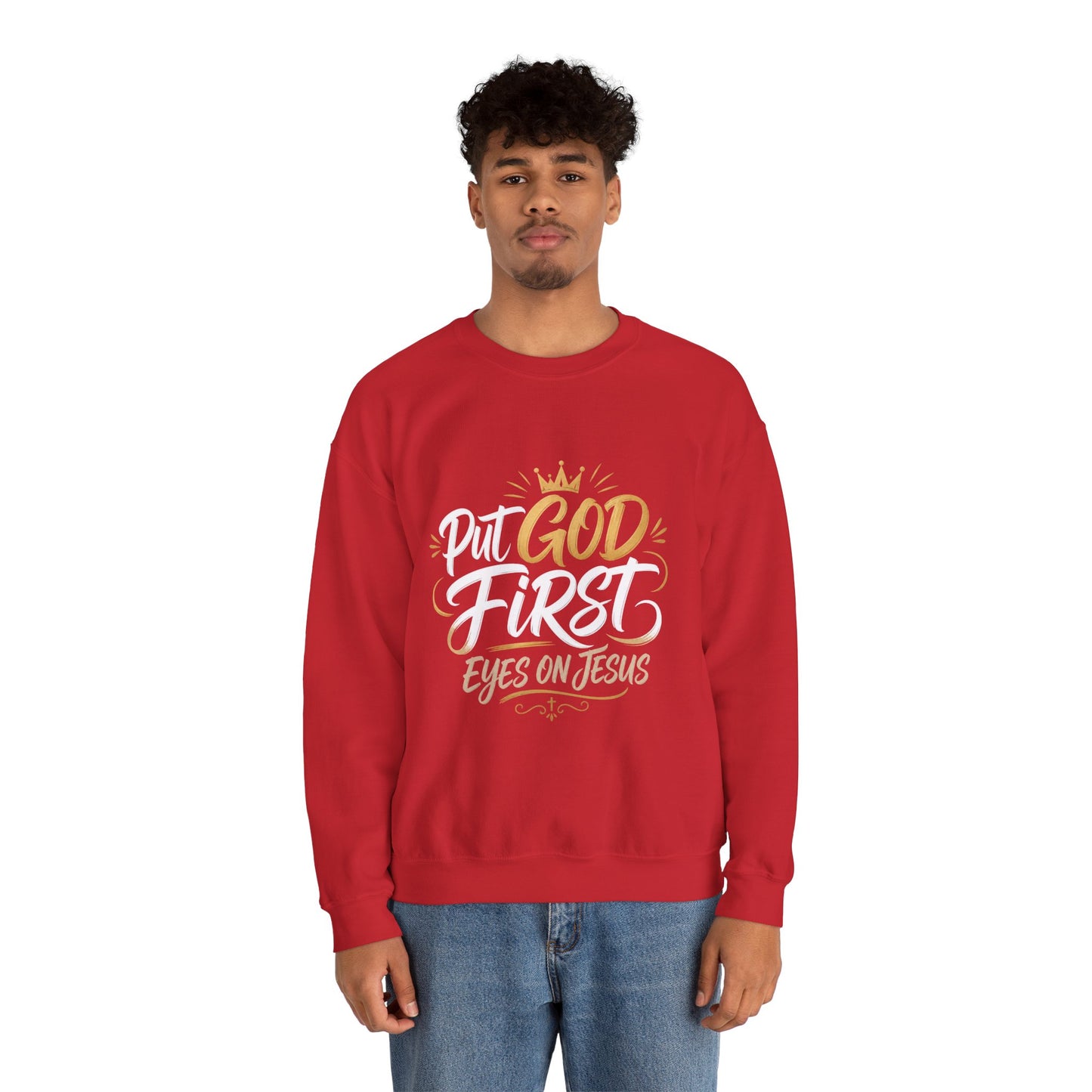 Christian Crewneck Sweatshirt – “Put God First Eyes on Jesus” Gold Script