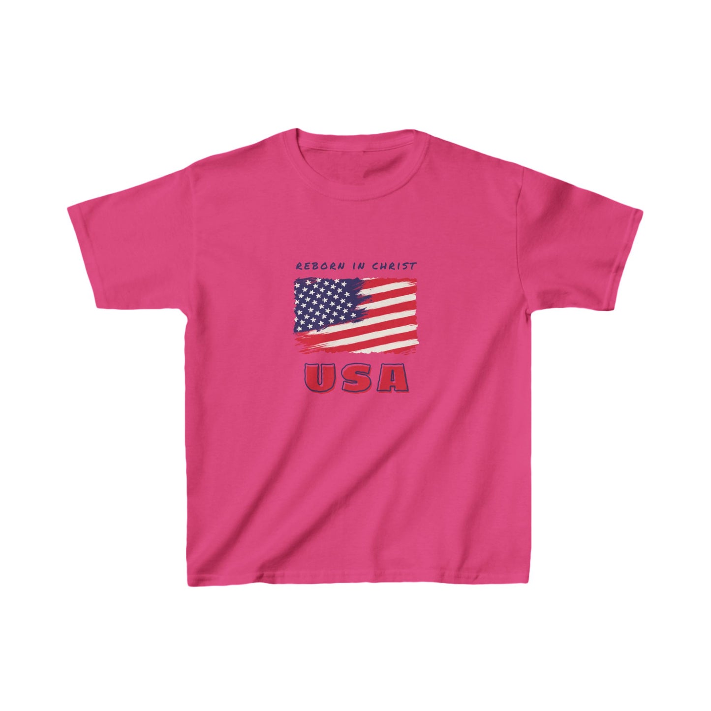 Kids USA Flag Tee - "Reborn in Christ" Yellow Cotton T-Shirt