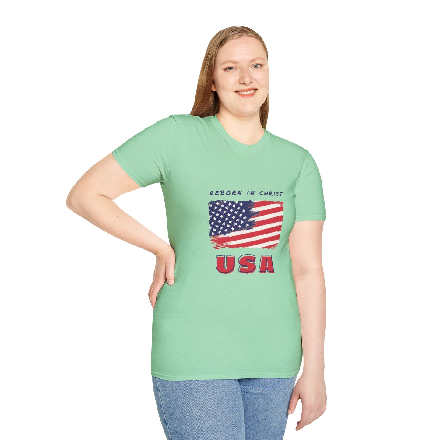 Unisex Softstyle T-Shirt - 'Reborn in Christ USA' Patriotic Graphic Tee