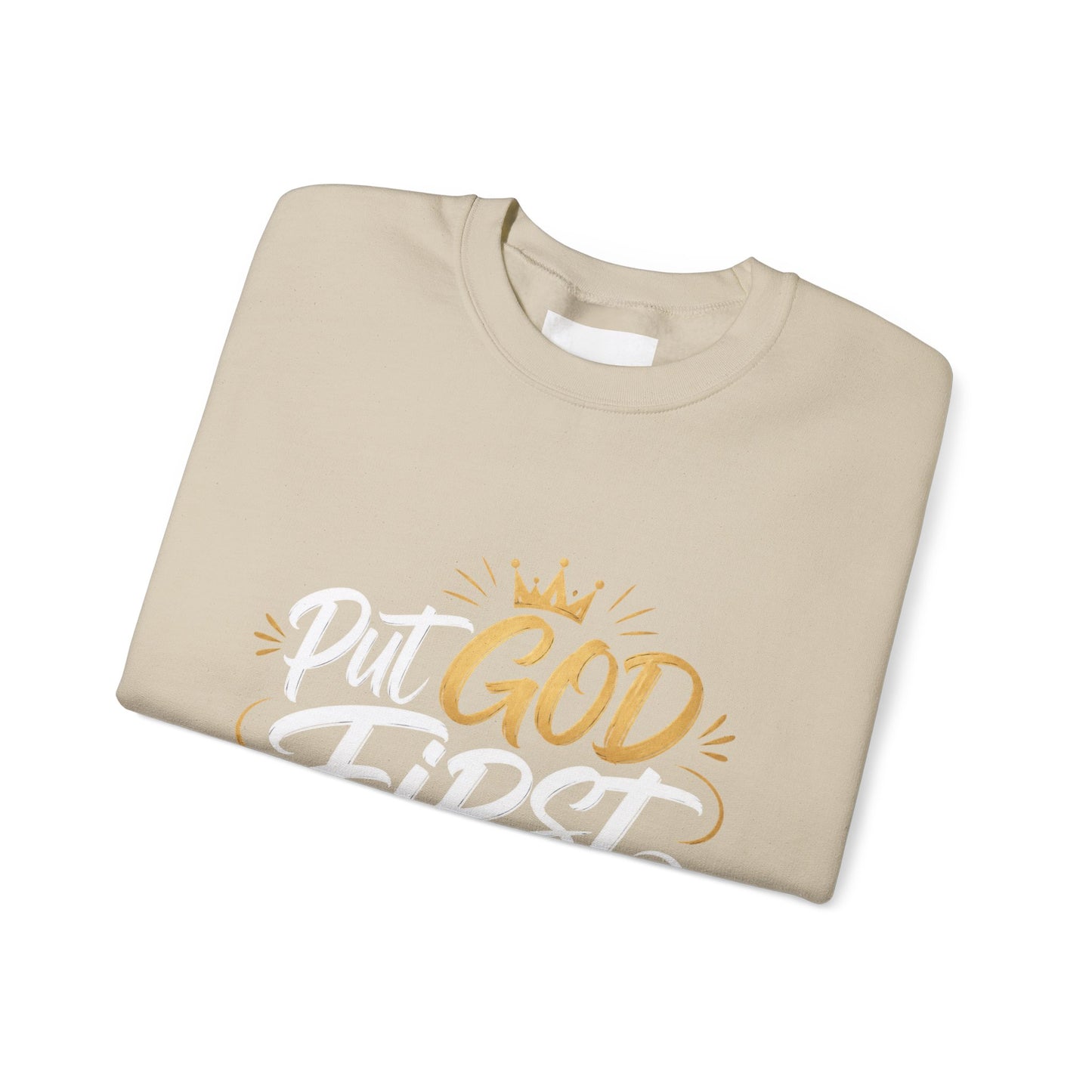 Christian Crewneck Sweatshirt – “Put God First Eyes on Jesus” Gold Script