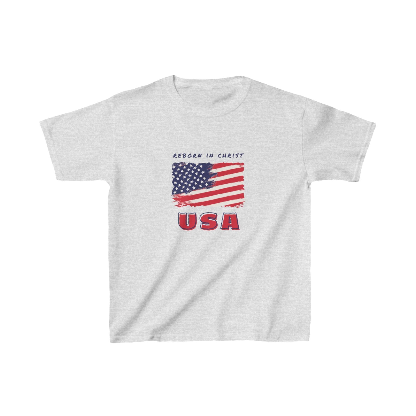 Kids USA Flag Tee - "Reborn in Christ" Yellow Cotton T-Shirt